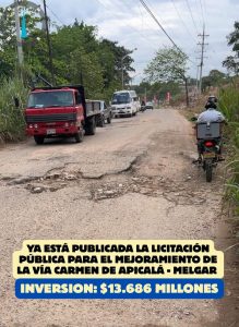 Abierta licitación para mejoramiento de la vía Carmen de Apicalá – Melgar